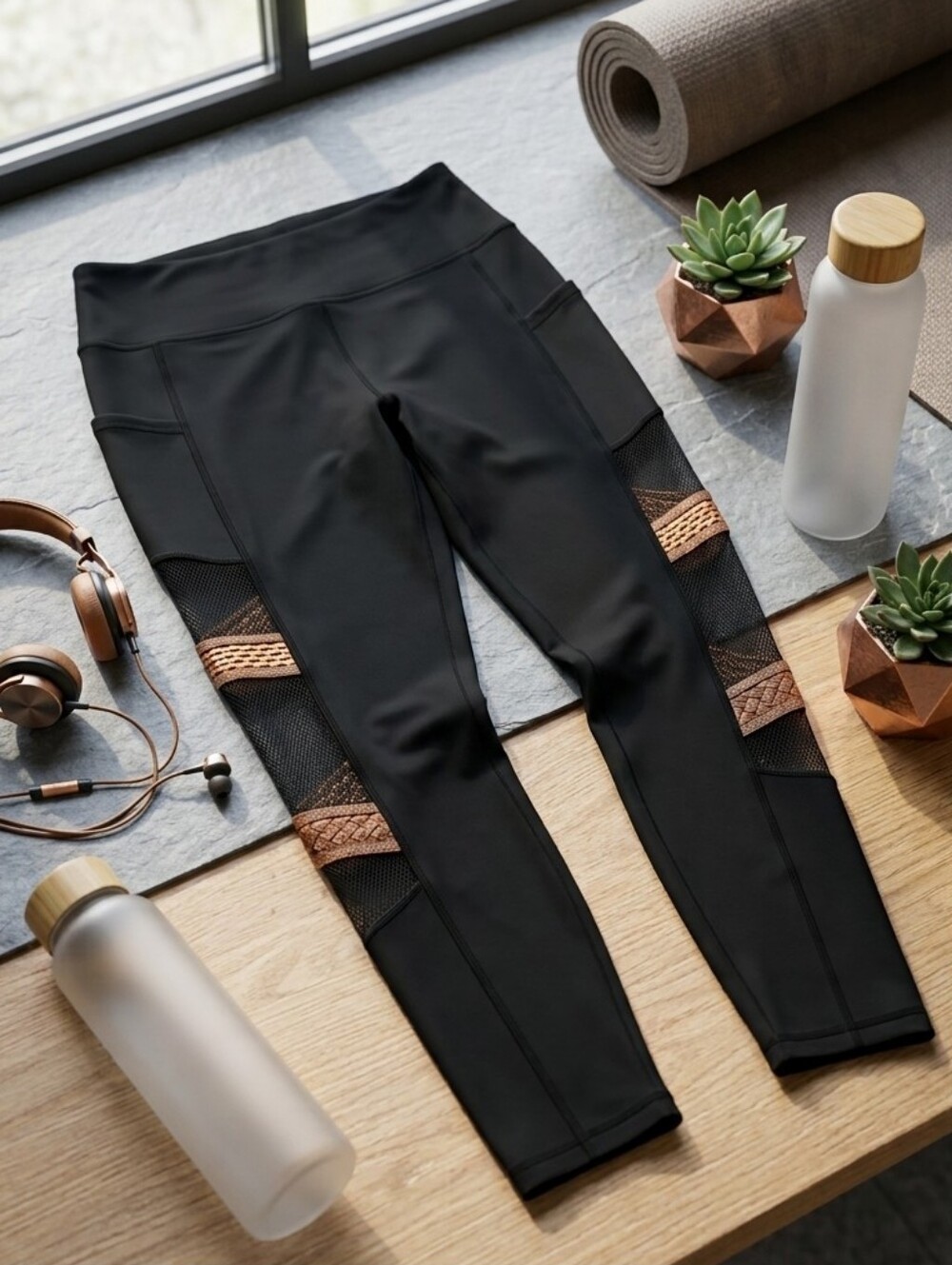Crazy Train Buckstitch Barbells Leggings - NWT - Black Mesh Inset - Size M
